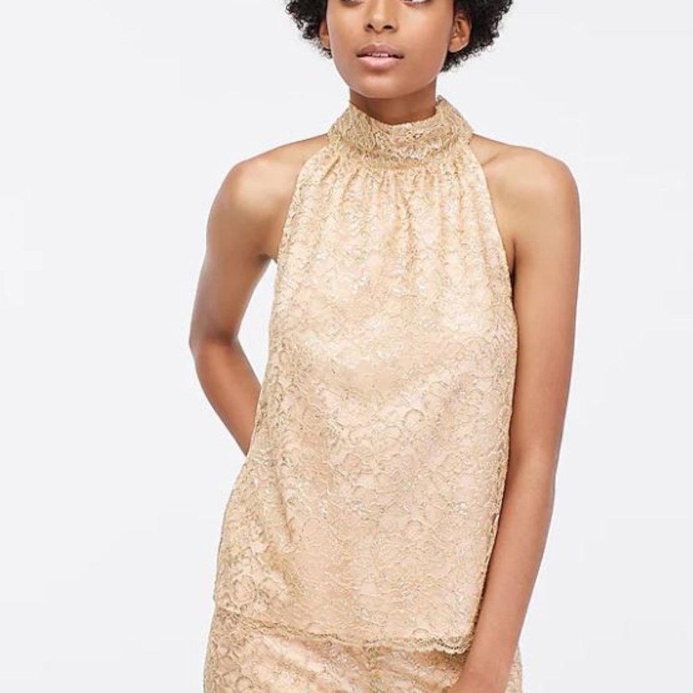 J. Crew Tie-Neck Top in Metallic Lace